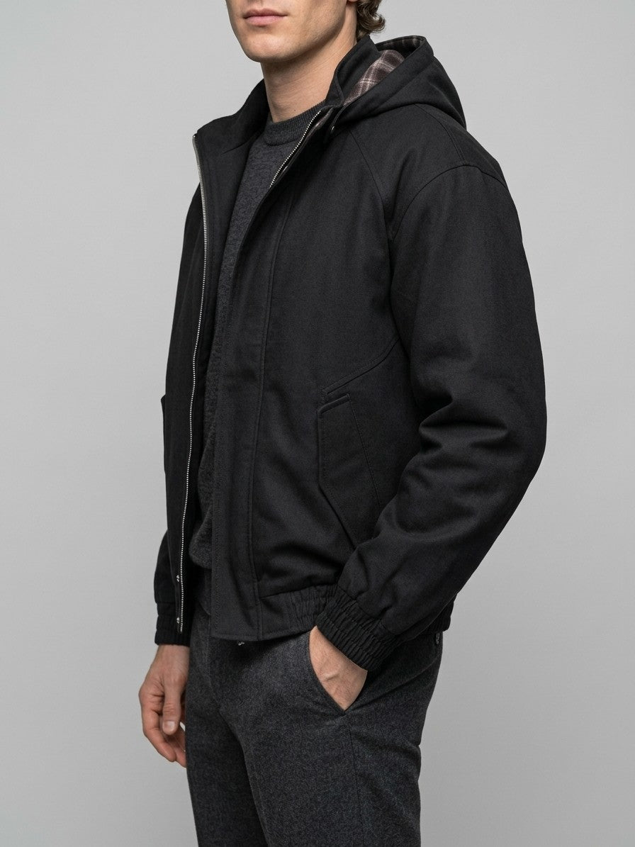 Clusone Men's Plaid-Lined Hooded Bomber Jacket — black — side