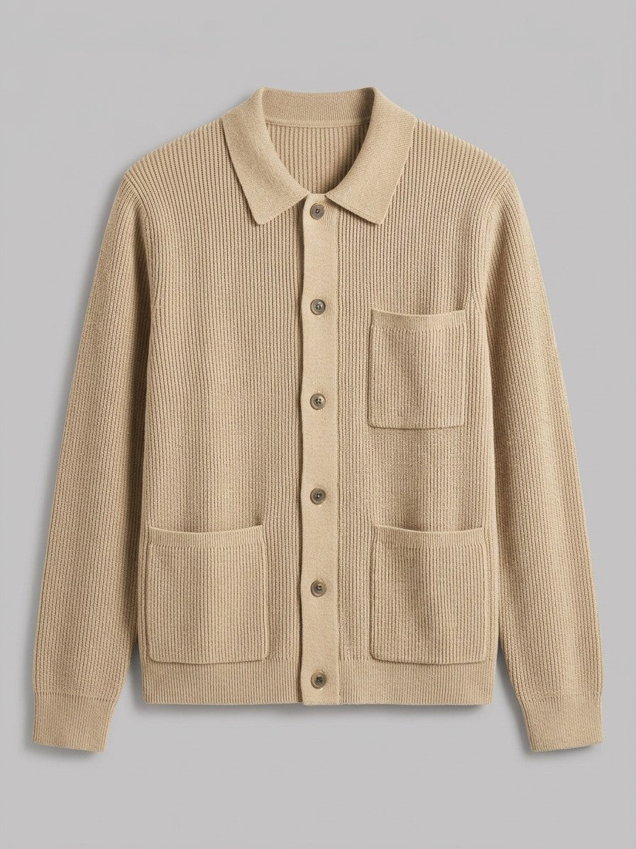 Colleferro Men's Collared Three-Pocket Cardigan — khaki — packshot
