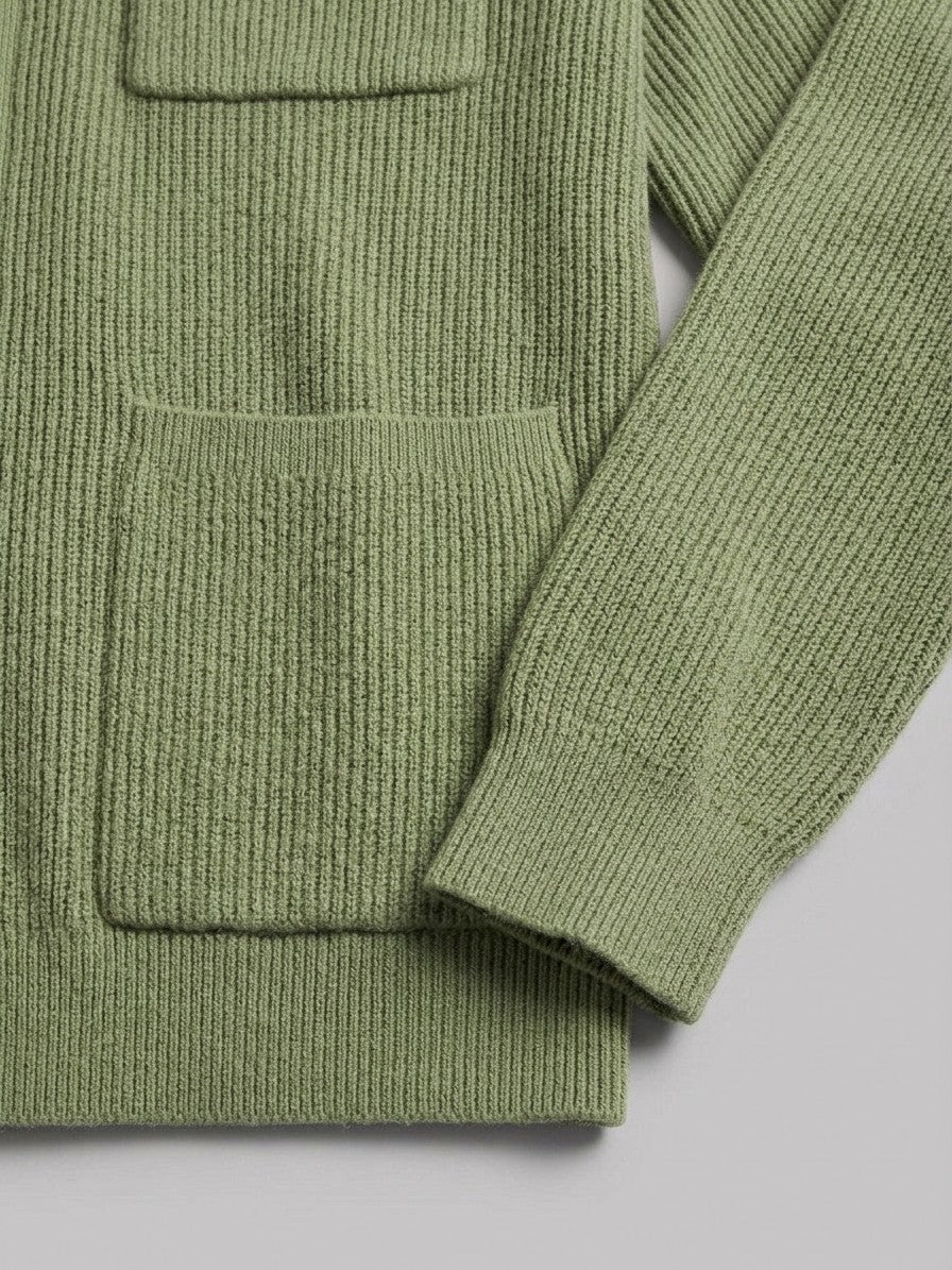 Colleferro Men's Collared Three-Pocket Cardigan — sagegreen — detail-collar