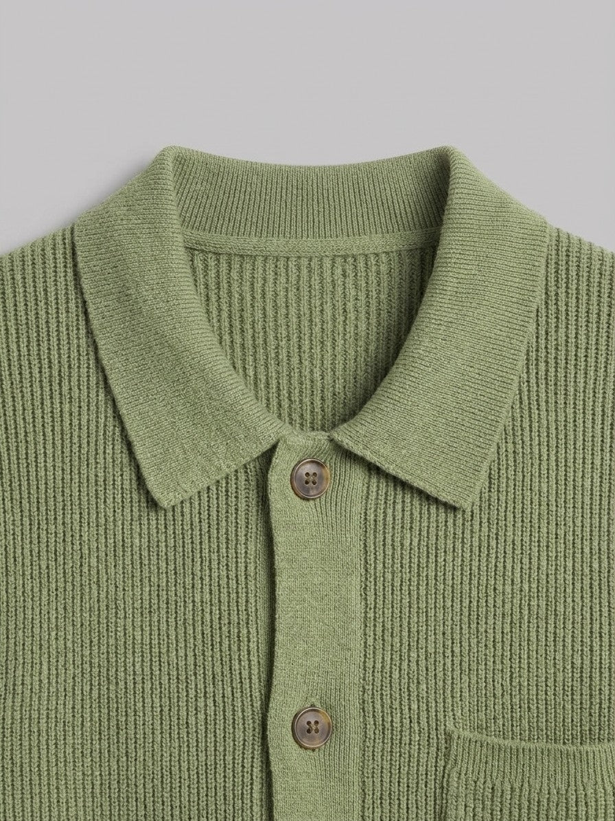 Colleferro Men's Collared Three-Pocket Cardigan — sagegreen — detail