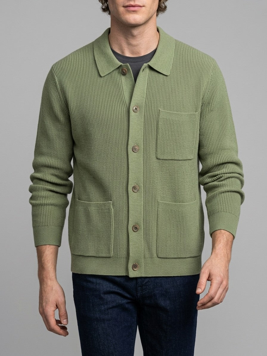 Colleferro Men's Collared Three-Pocket Cardigan — sagegreen — front