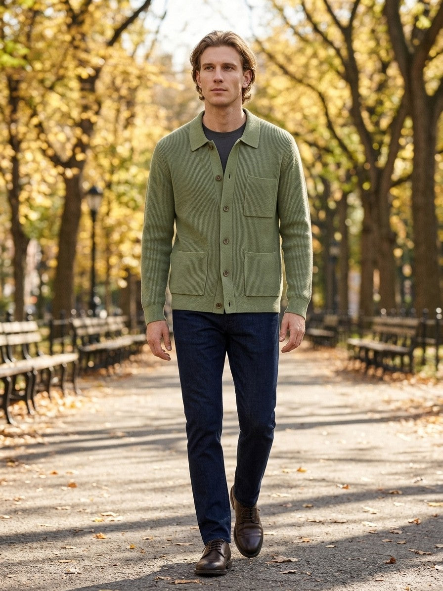 Colleferro Men's Collared Three-Pocket Cardigan — sagegreen — lifestyle