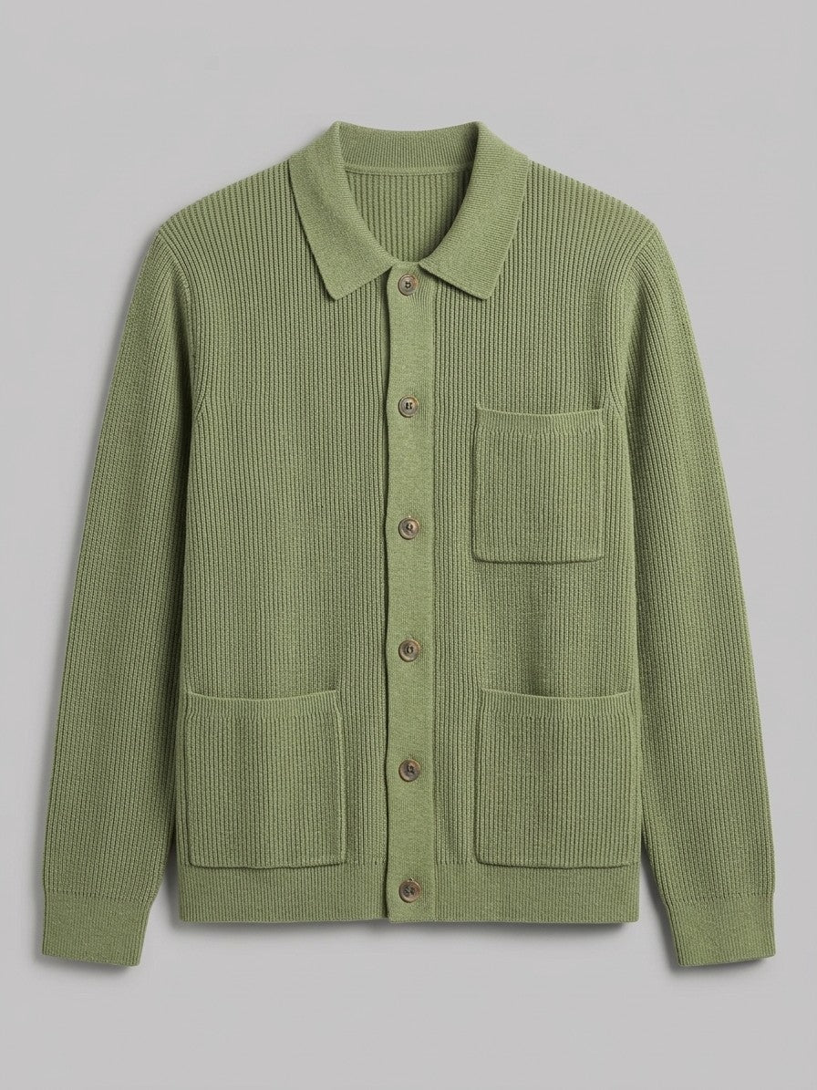 Colleferro Men's Collared Three-Pocket Cardigan — sagegreen — packshot