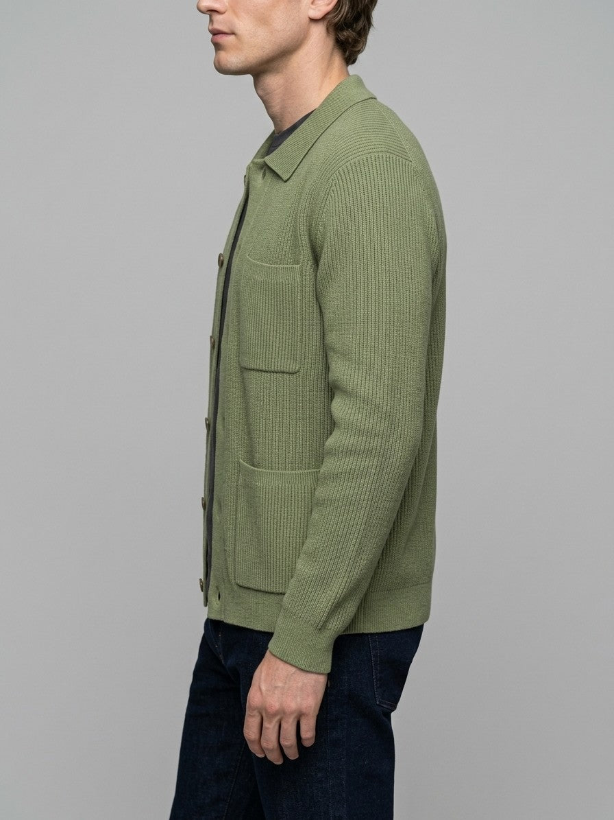 Colleferro Men's Collared Three-Pocket Cardigan — sagegreen — side