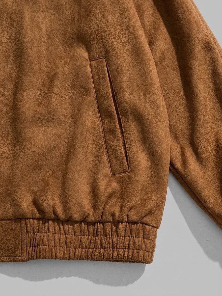 Coreglia Men's Snap-Front Raglan Suede Jacket — cognac — detail-collar