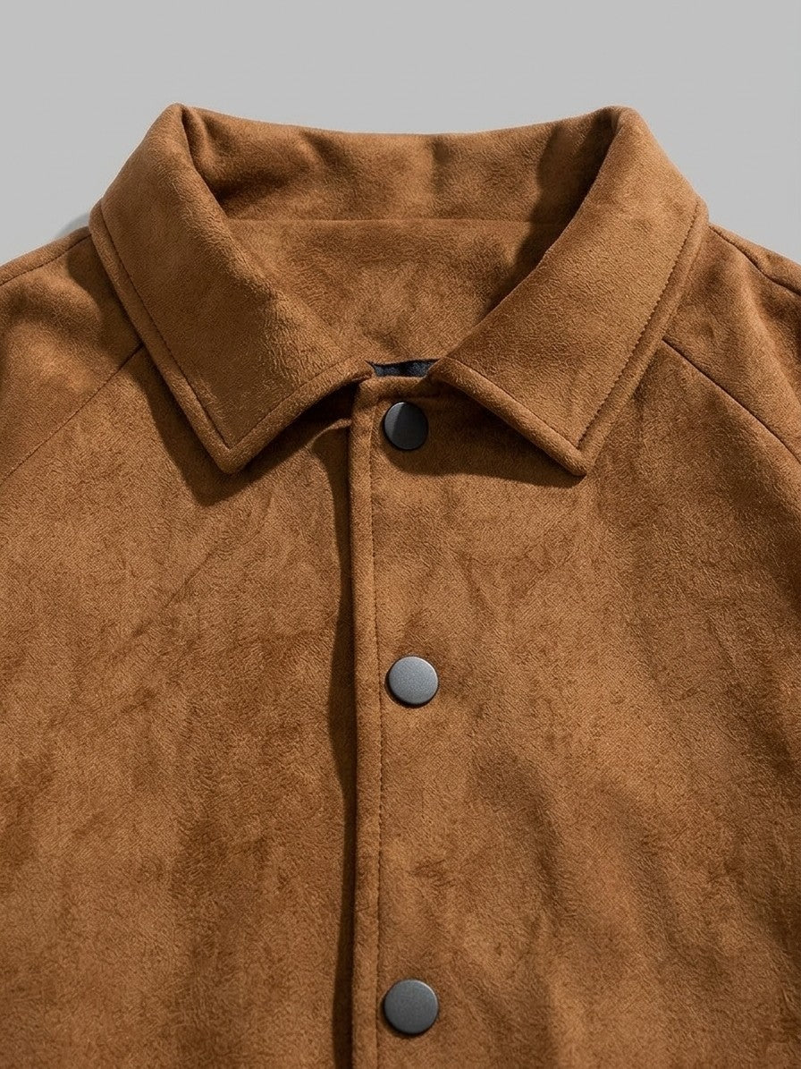Coreglia Men's Snap-Front Raglan Suede Jacket — cognac — detail