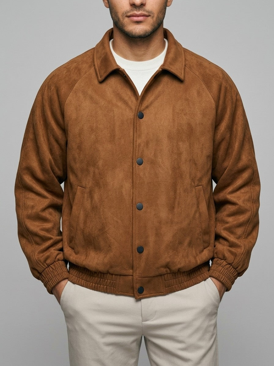 Coreglia Men's Snap-Front Raglan Suede Jacket — cognac — front