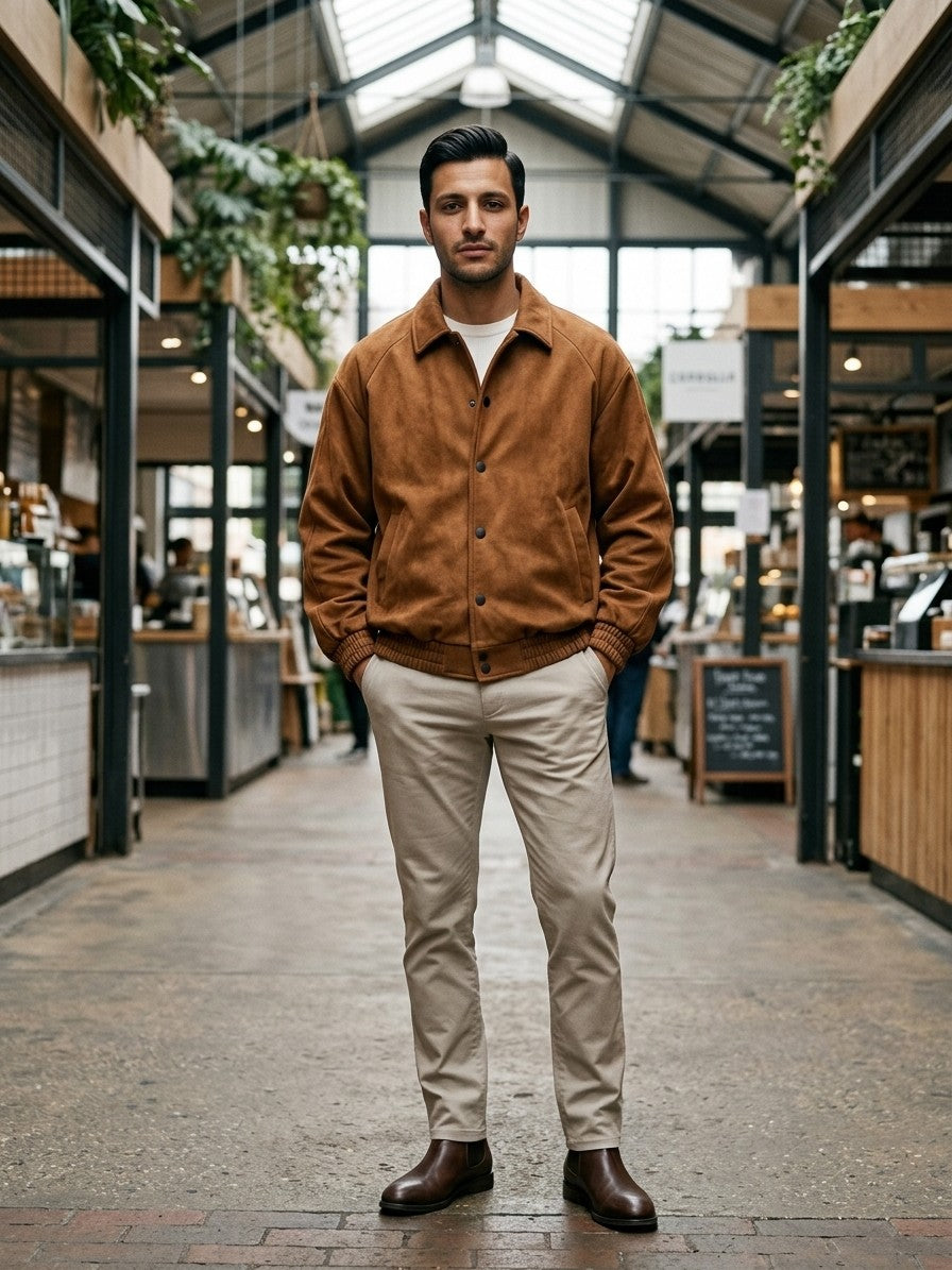 Coreglia Men's Snap-Front Raglan Suede Jacket — cognac — lifestyle