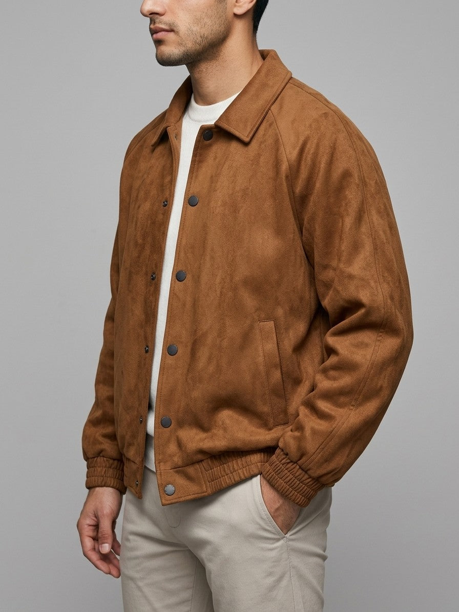 Coreglia Men's Snap-Front Raglan Suede Jacket — cognac — side