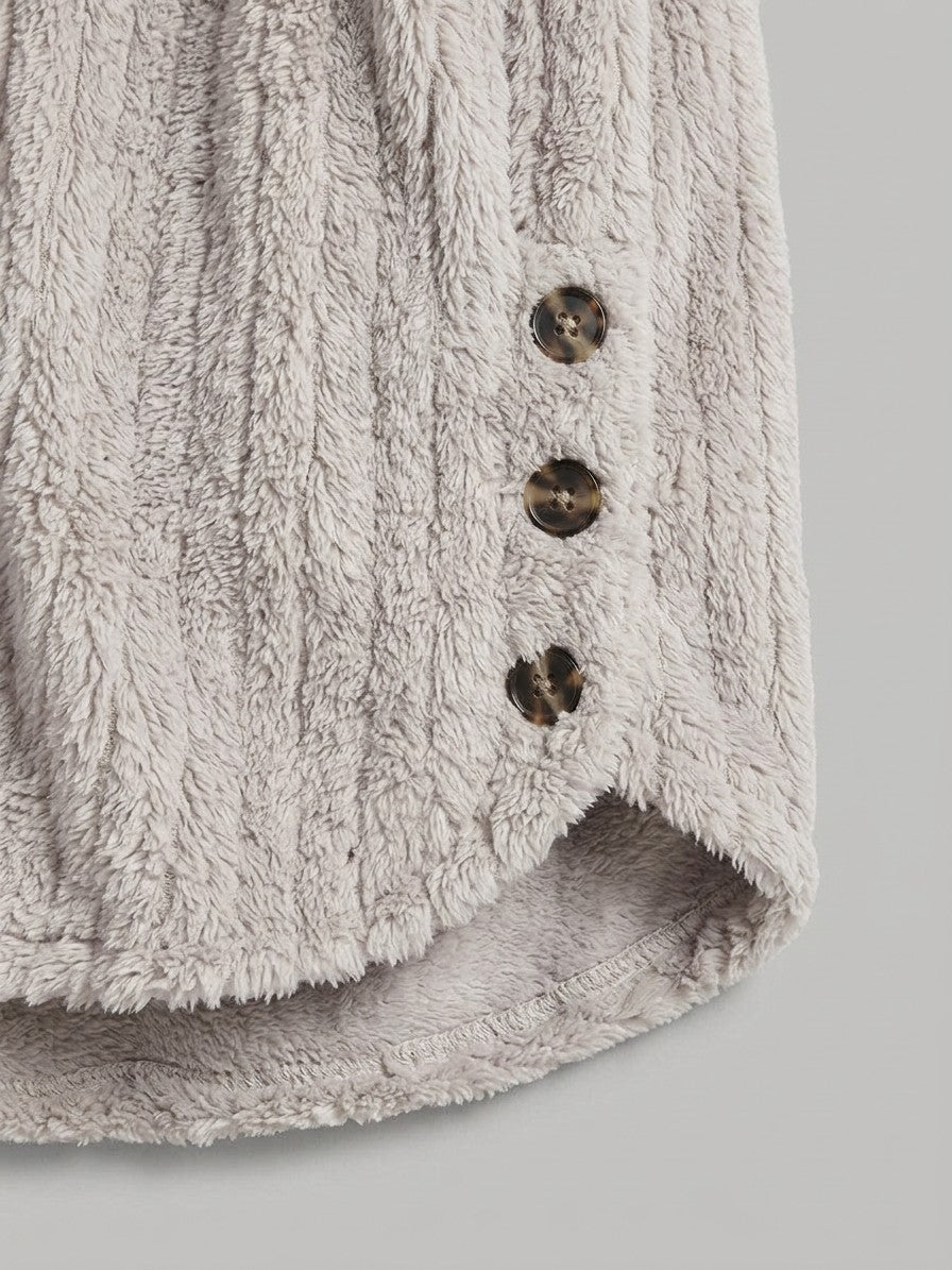 Corinaldo Women's Ribbed Plush Hooded Coat — greige — detail-collar