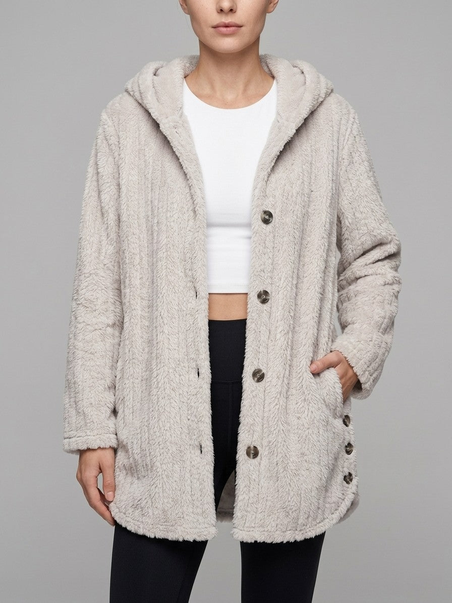 Corinaldo Women's Ribbed Plush Hooded Coat — greige — front