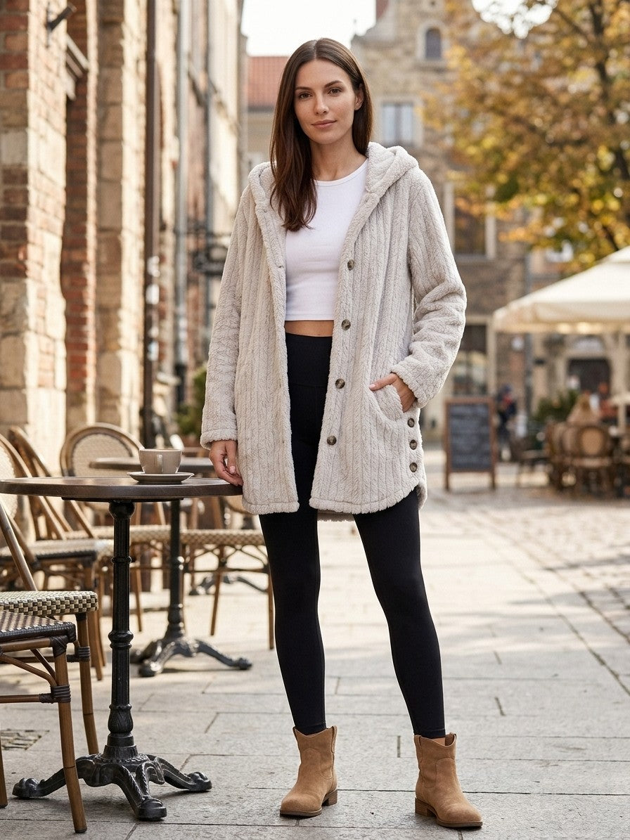 Corinaldo Women's Ribbed Plush Hooded Coat — greige — lifestyle