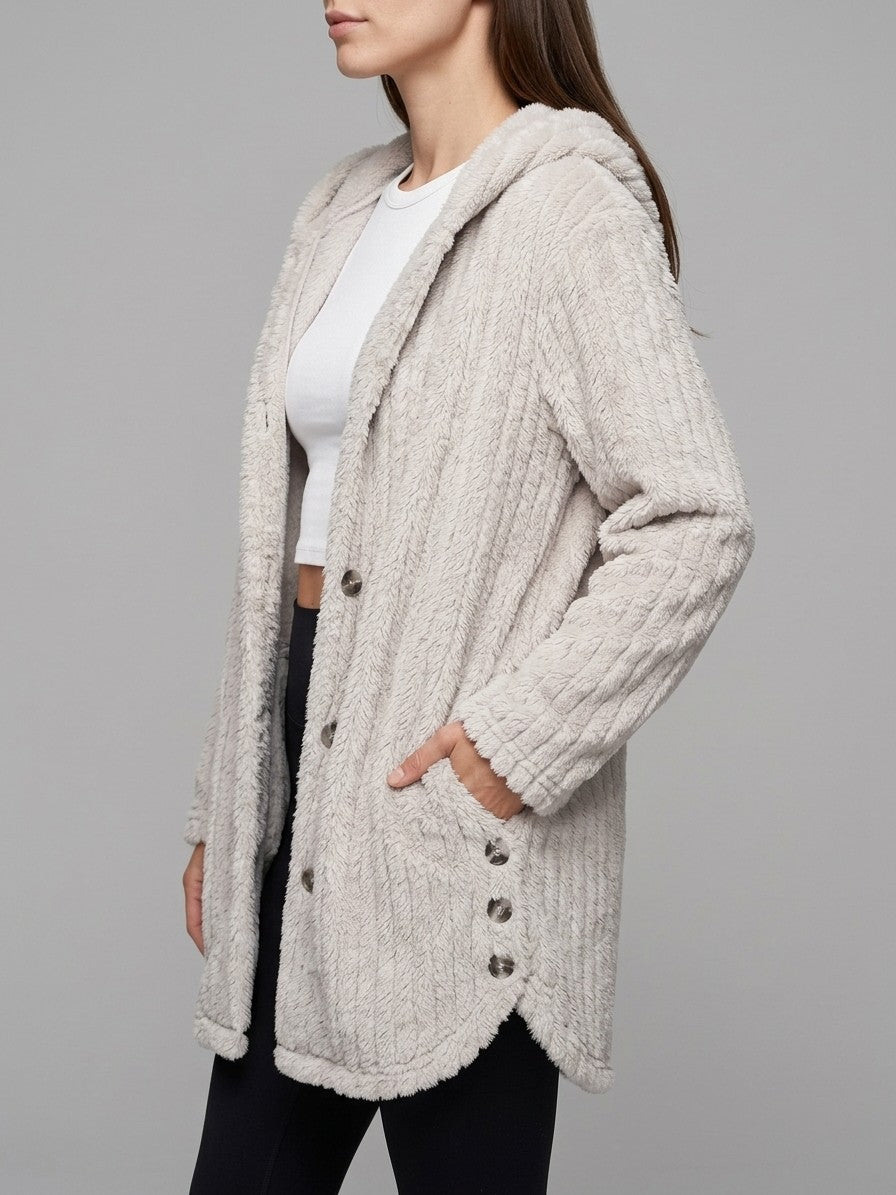 Corinaldo Women's Ribbed Plush Hooded Coat — greige — side