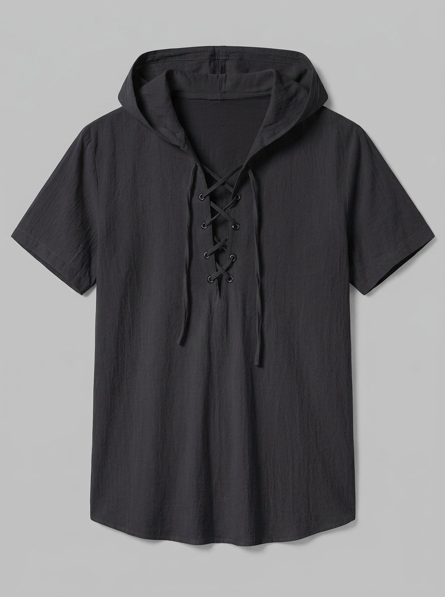 Corsica Men's Lace-Up Hooded Shirt — black — packshot