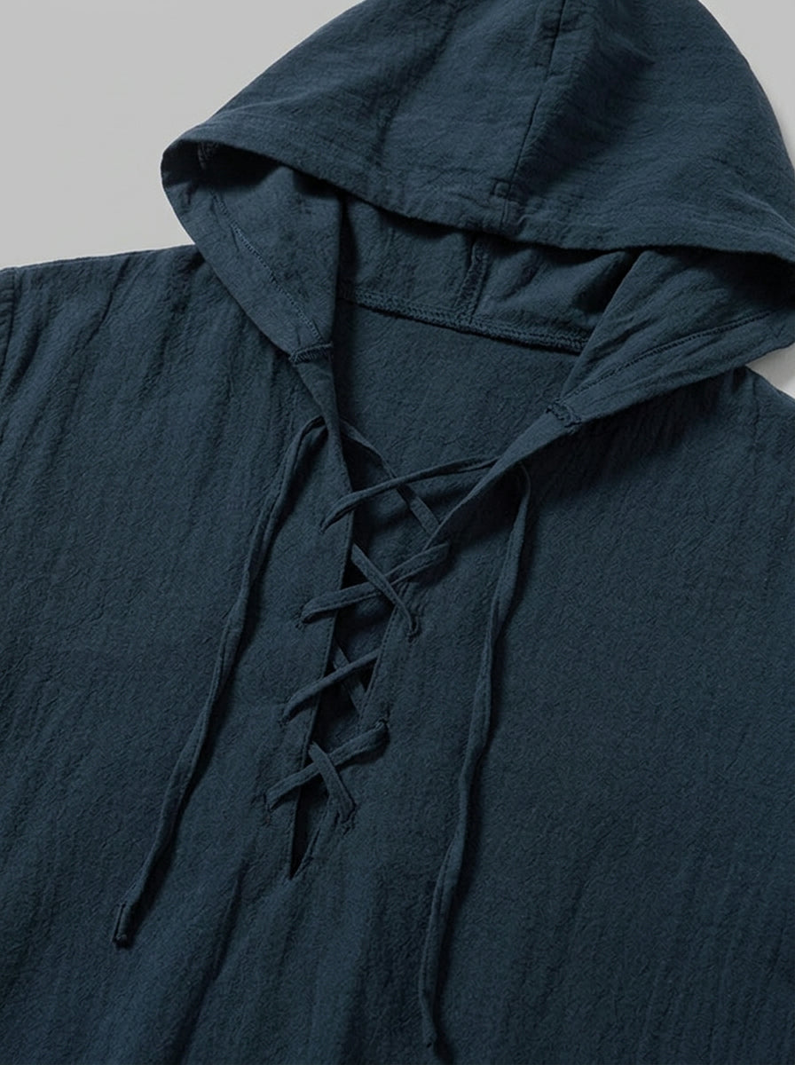 Corsica Men's Lace-Up Hooded Shirt — navy — detail-collar