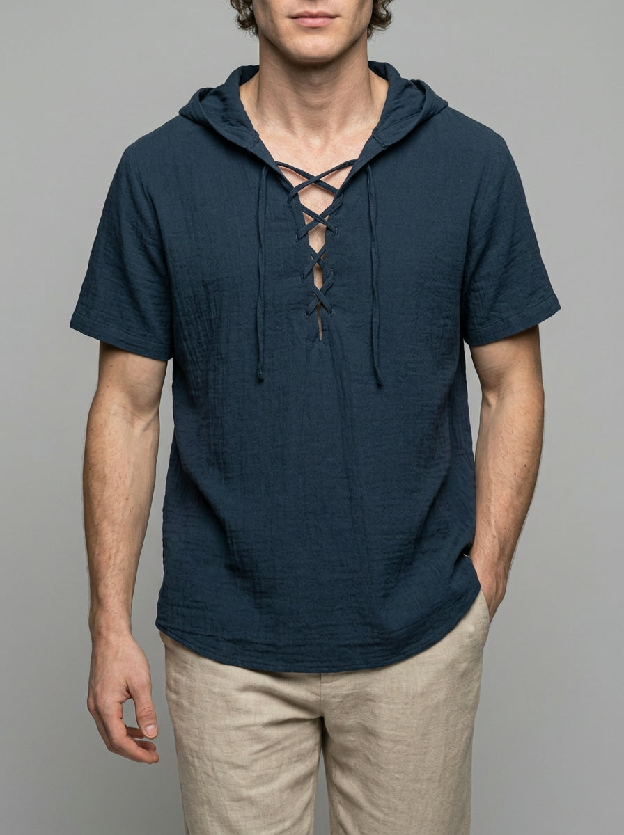 Corsica Men's Lace-Up Hooded Shirt — navy — front
