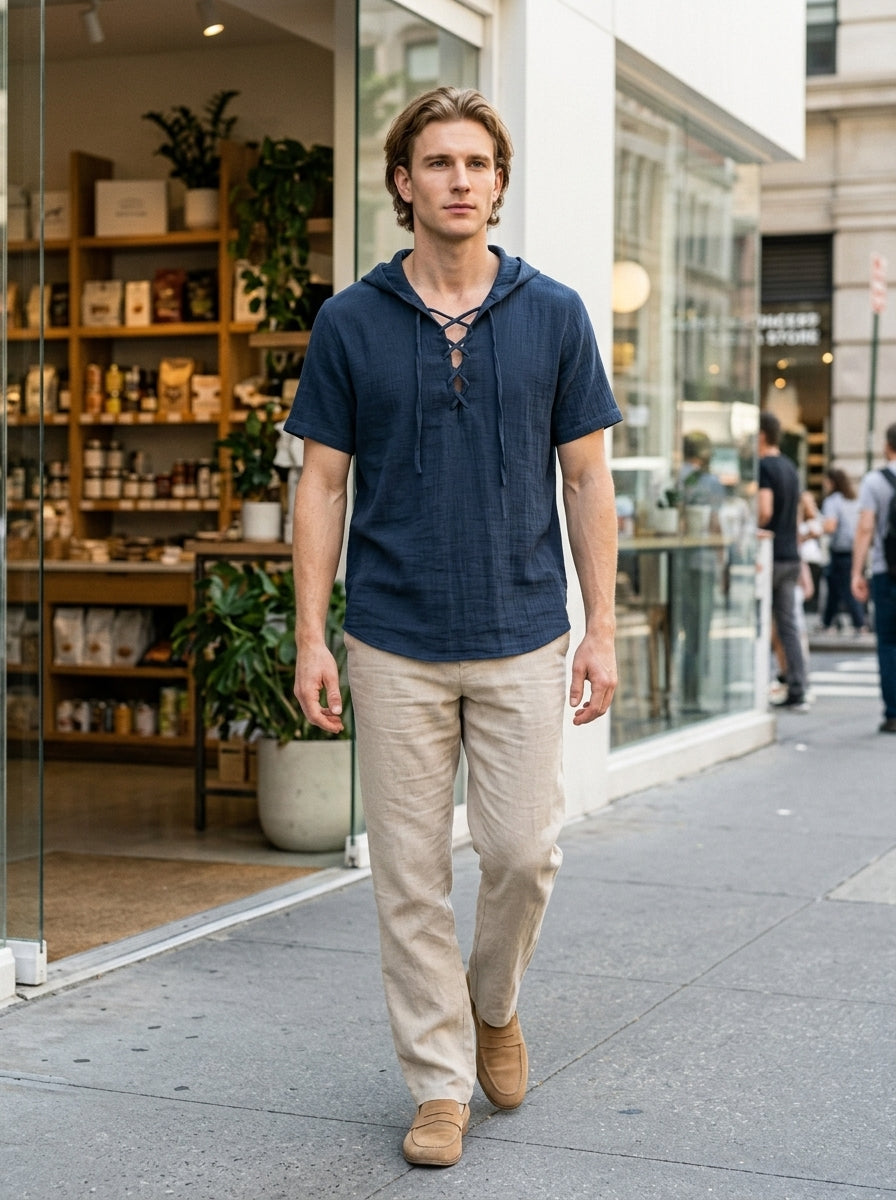 Corsica Men's Lace-Up Hooded Shirt — navy — lifestyle