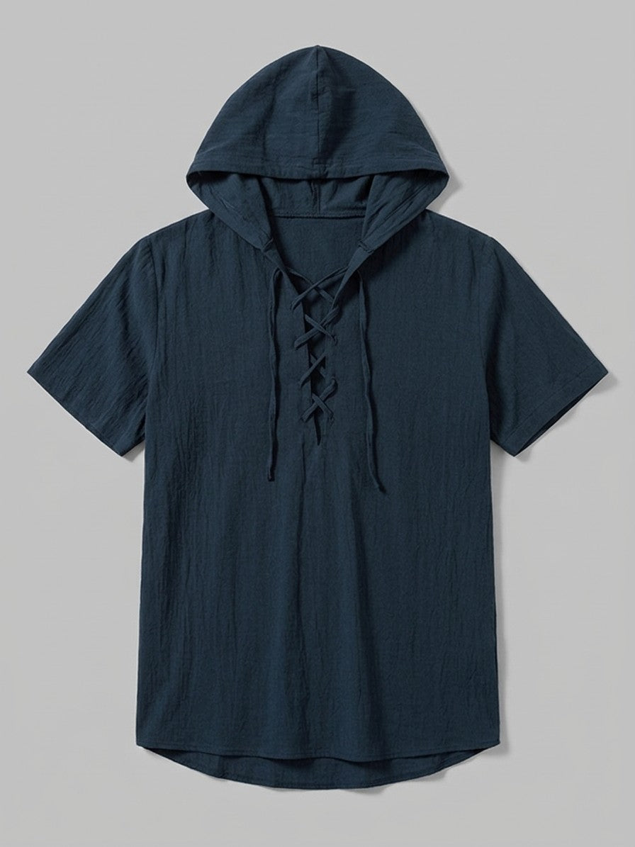 Corsica Men's Lace-Up Hooded Shirt — navy — packshot