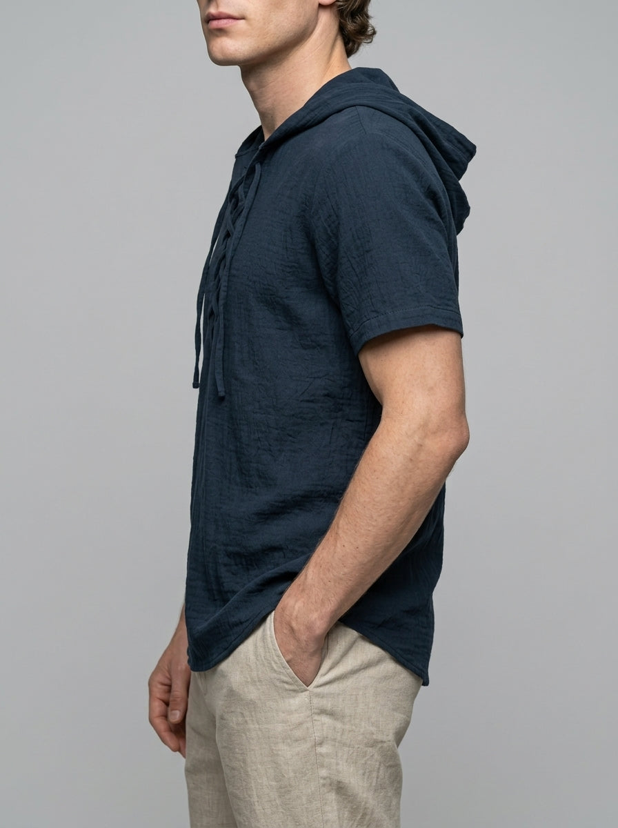 Corsica Men's Lace-Up Hooded Shirt — navy — side