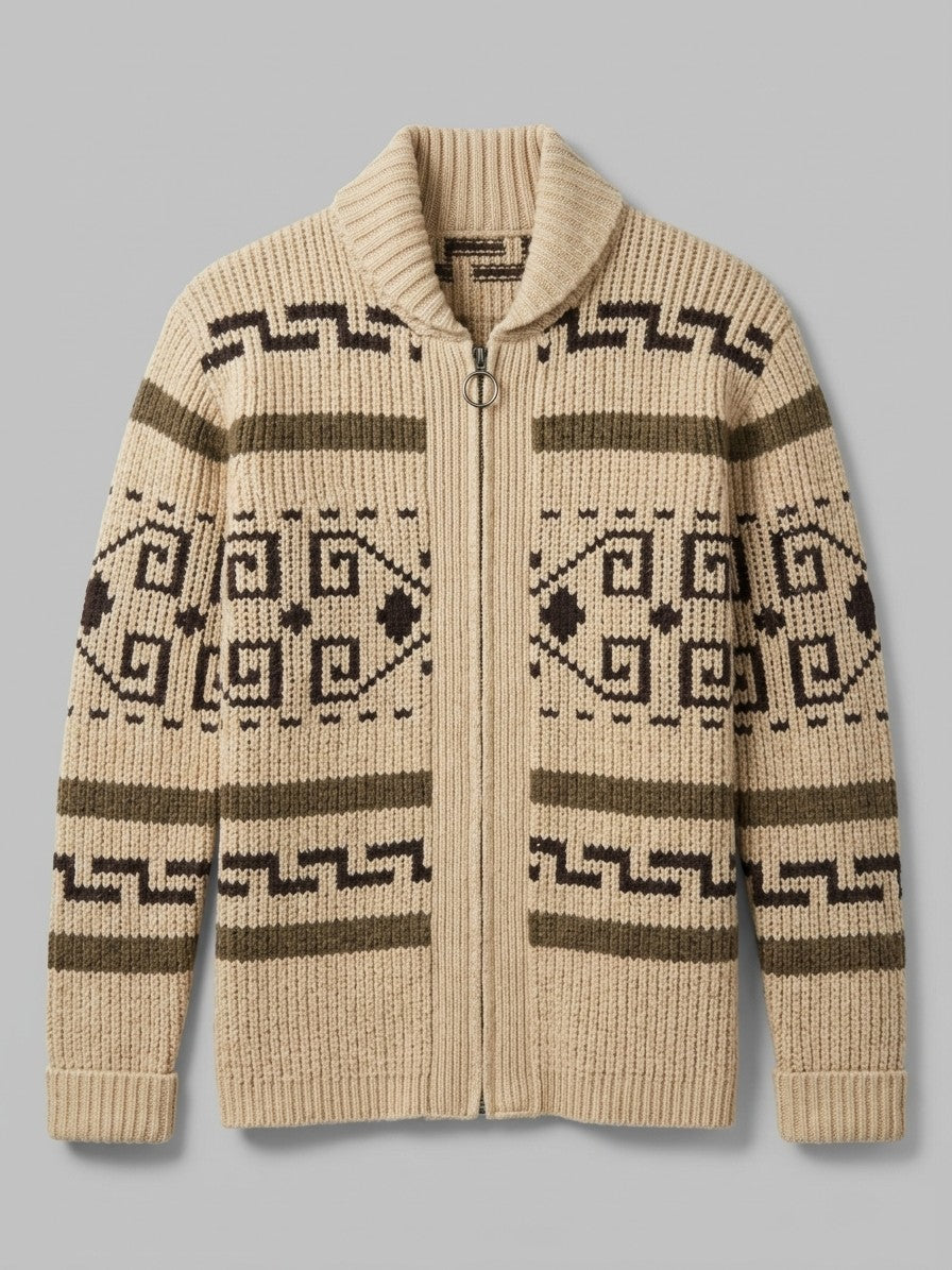 Cortemilia Men's Western Jacquard Zip Cardigan — beige — packshot