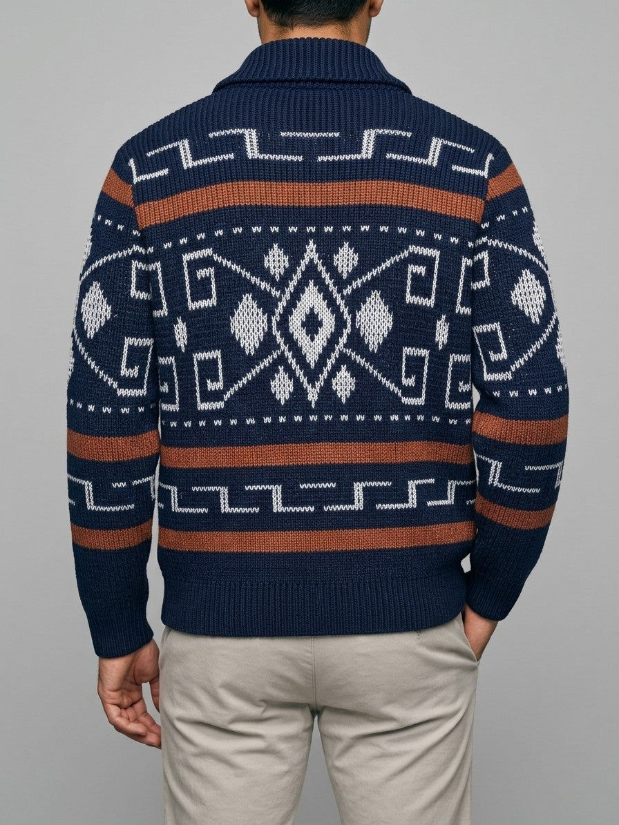 Cortemilia Men's Western Jacquard Zip Cardigan — navy — back