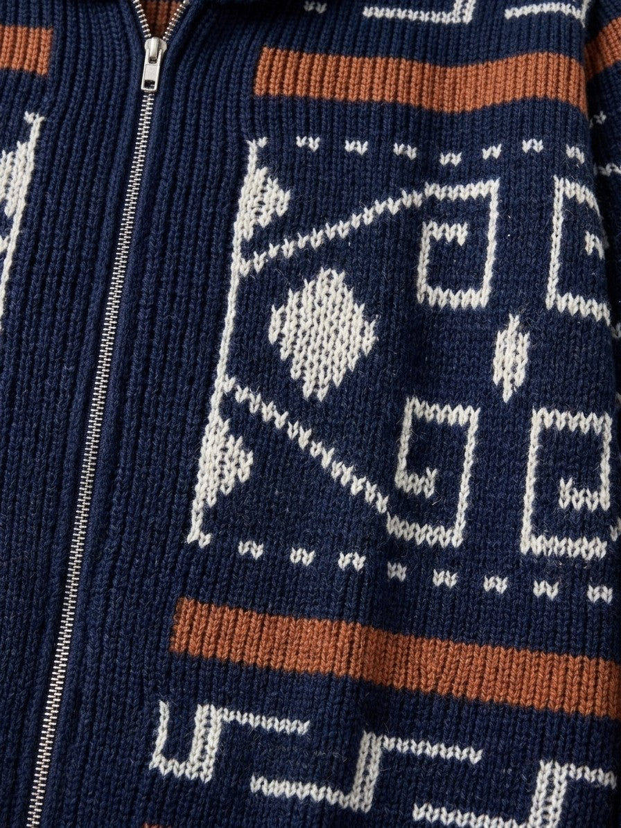 Cortemilia Men's Western Jacquard Zip Cardigan — navy — detail-2