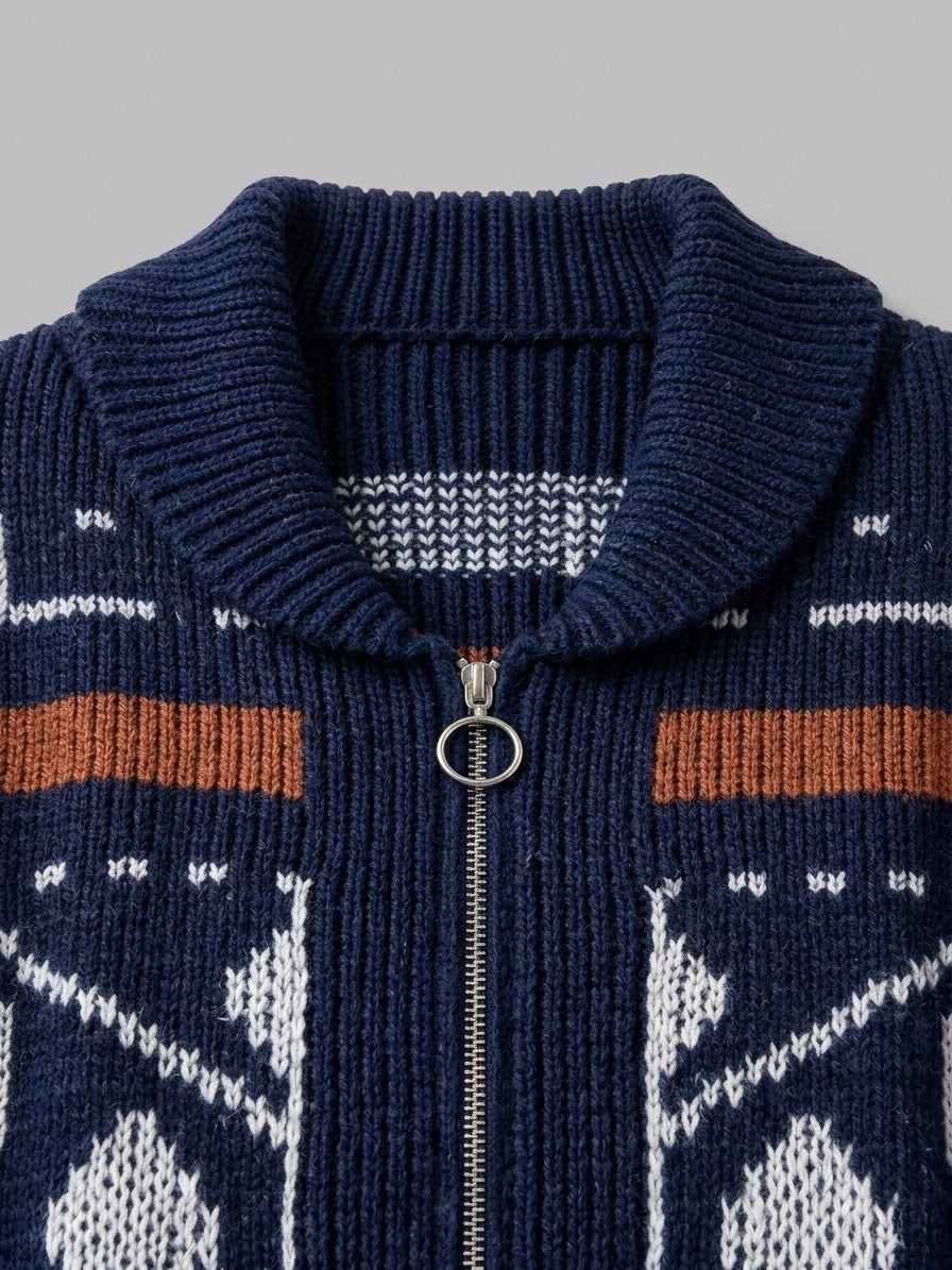 Cortemilia Men's Western Jacquard Zip Cardigan — navy — detail