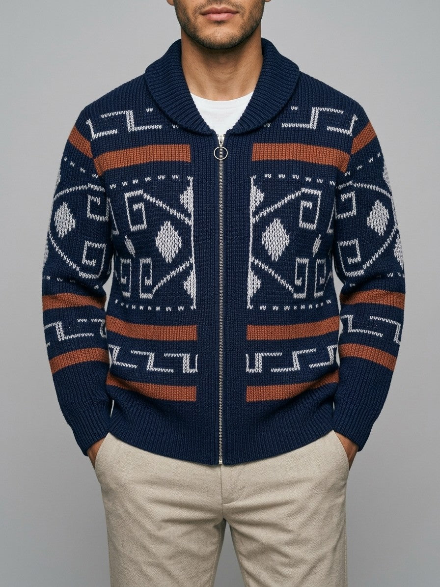 Cortemilia Men's Western Jacquard Zip Cardigan — navy — front