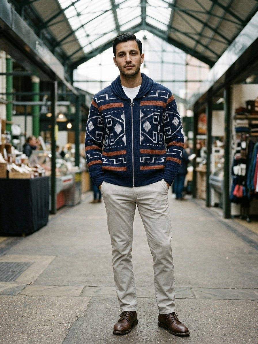 Cortemilia Men's Western Jacquard Zip Cardigan — navy — lifestyle