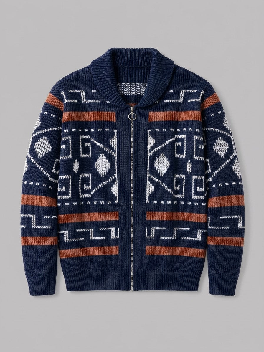 Cortemilia Men's Western Jacquard Zip Cardigan — navy — packshot