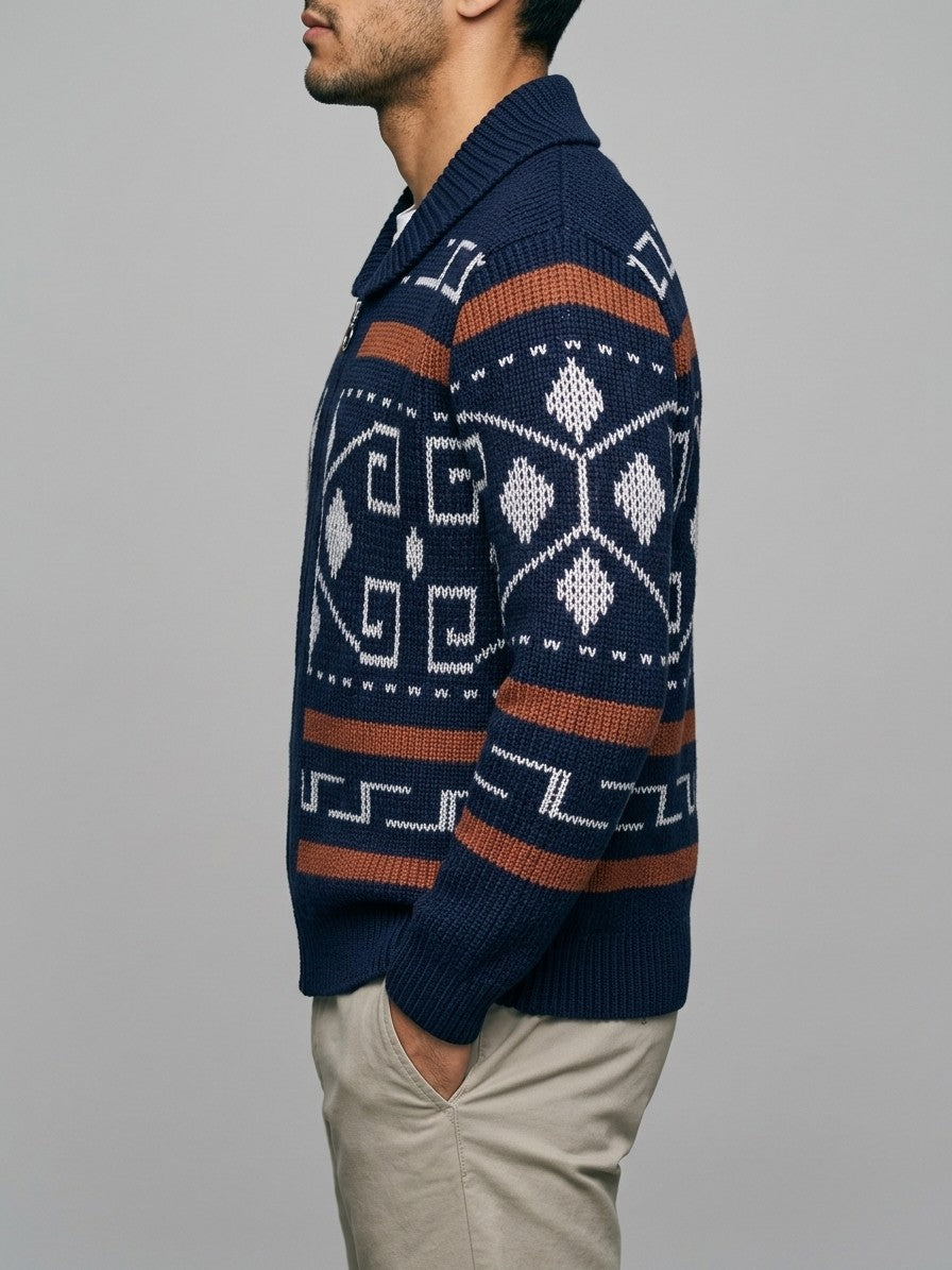 Cortemilia Men's Western Jacquard Zip Cardigan — navy — side