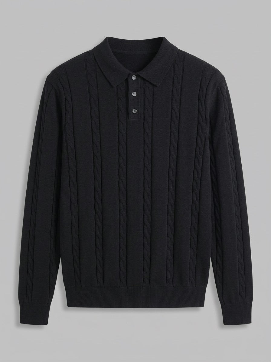 Cortina Men's Cable-Knit Polo Sweater — black — packshot