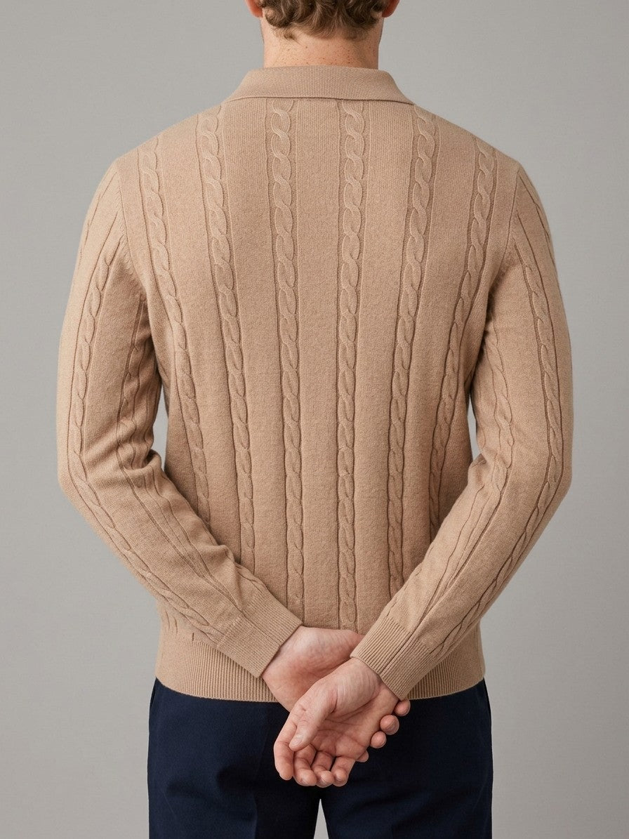 Cortina Men's Cable-Knit Polo Sweater — camel — back