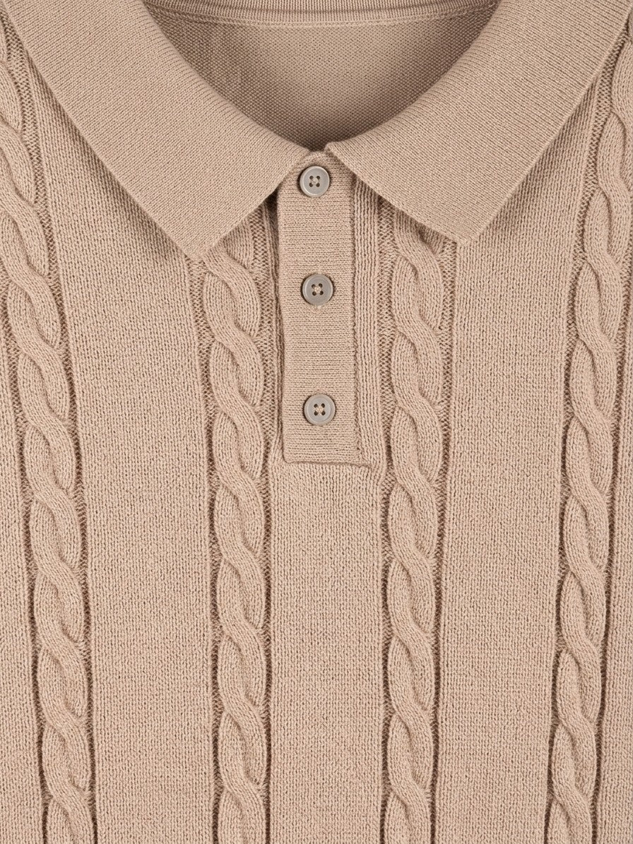 Cortina Men's Cable-Knit Polo Sweater — camel — detail-2