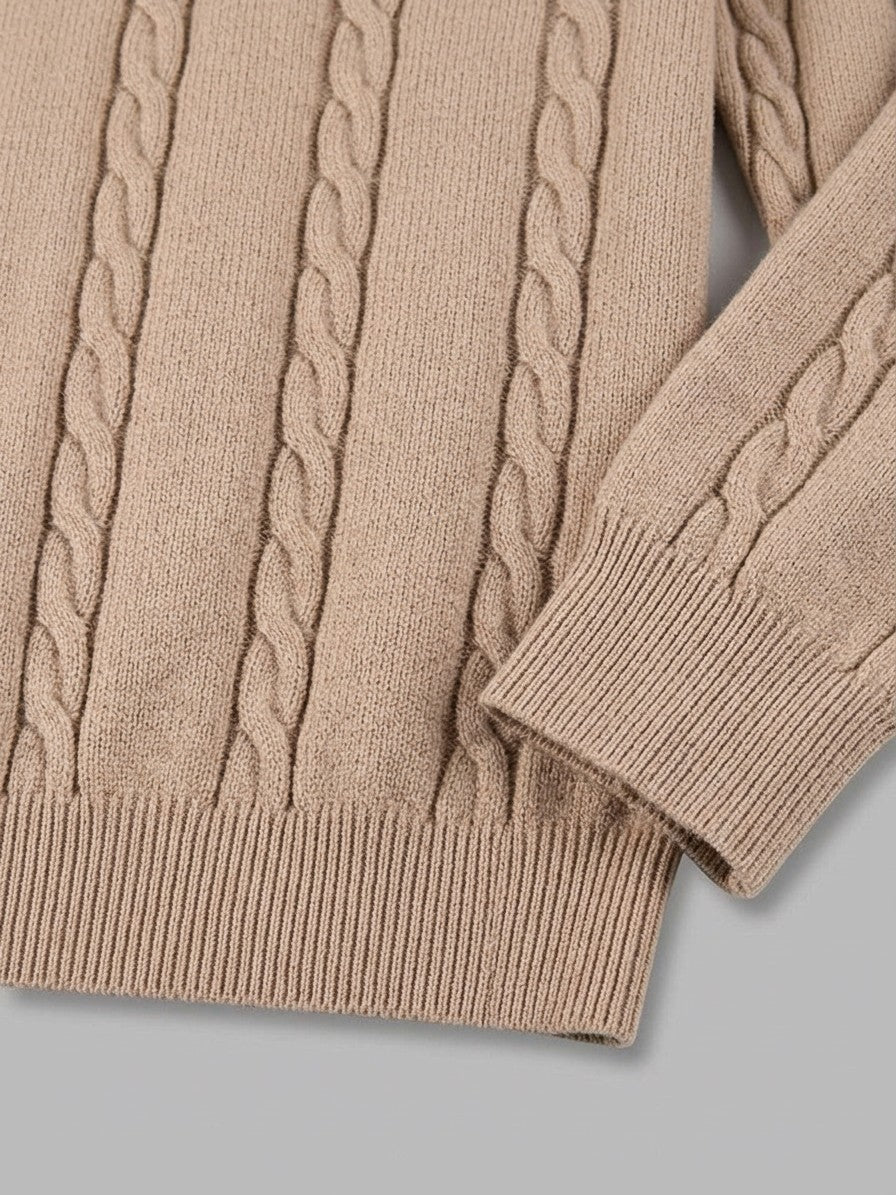 Cortina Men's Cable-Knit Polo Sweater — camel — detail-collar