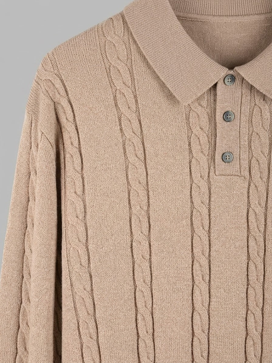 Cortina Men's Cable-Knit Polo Sweater — camel — detail