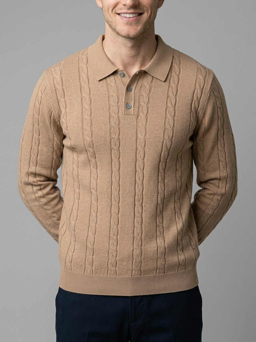 Cortina Men's Cable-Knit Polo Sweater — camel — front