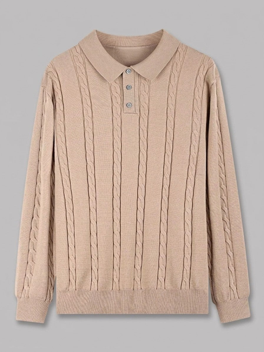 Cortina Men's Cable-Knit Polo Sweater — camel — packshot