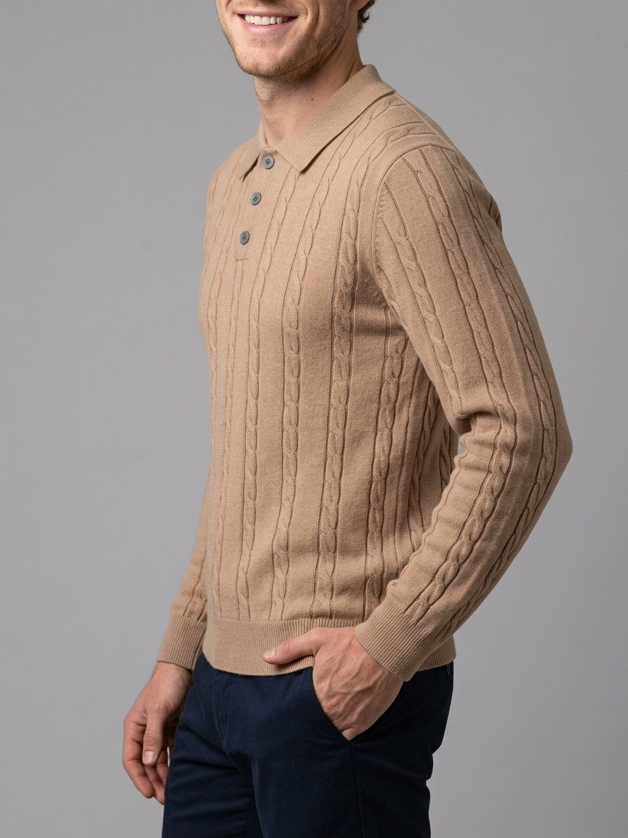 Cortina Men's Cable-Knit Polo Sweater — camel — side