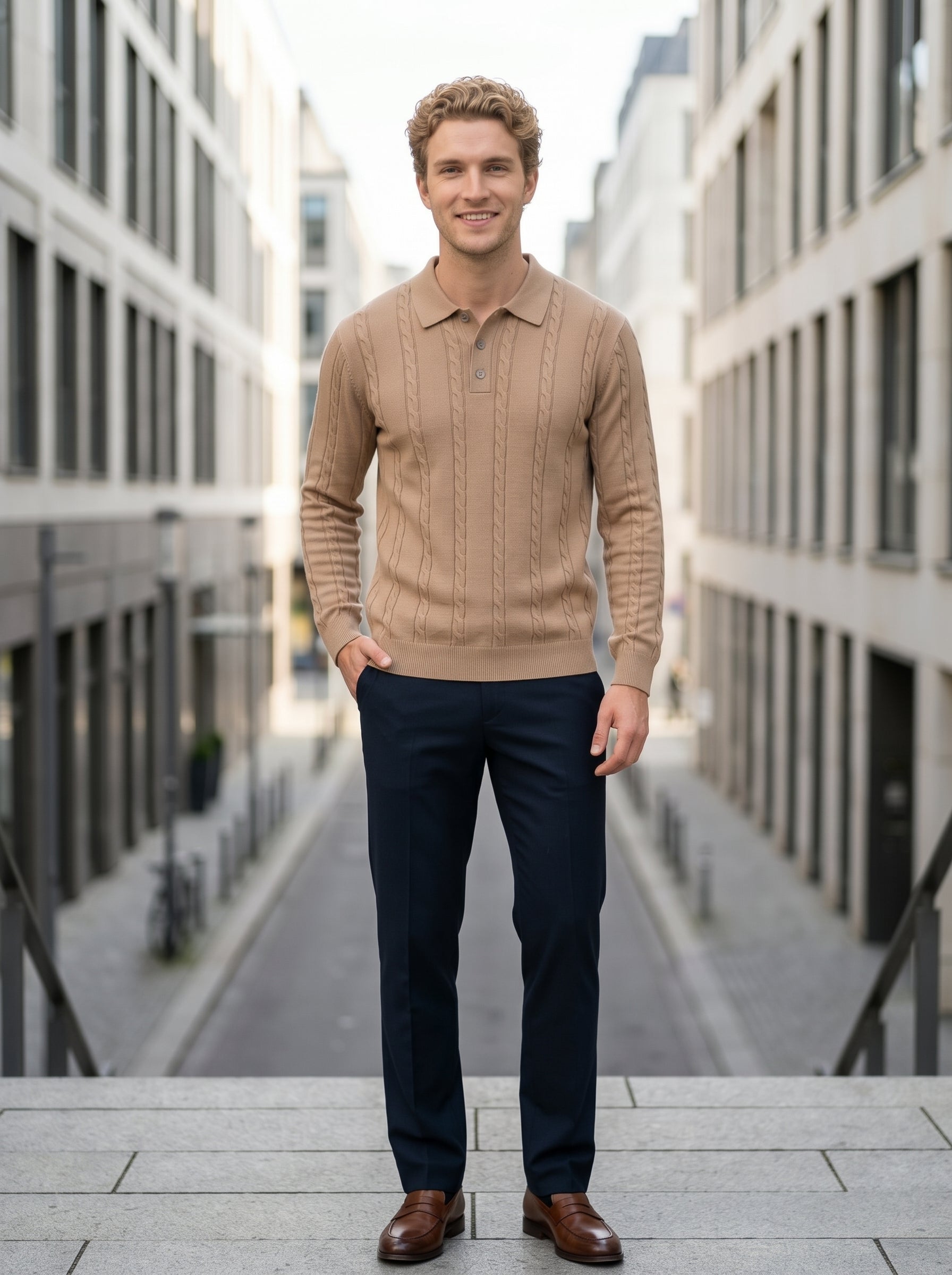 A man standing on stone steps in an urban alleyway, wearing a beige cable-knit polo sweater, navy trousers, and brown leather shoes.