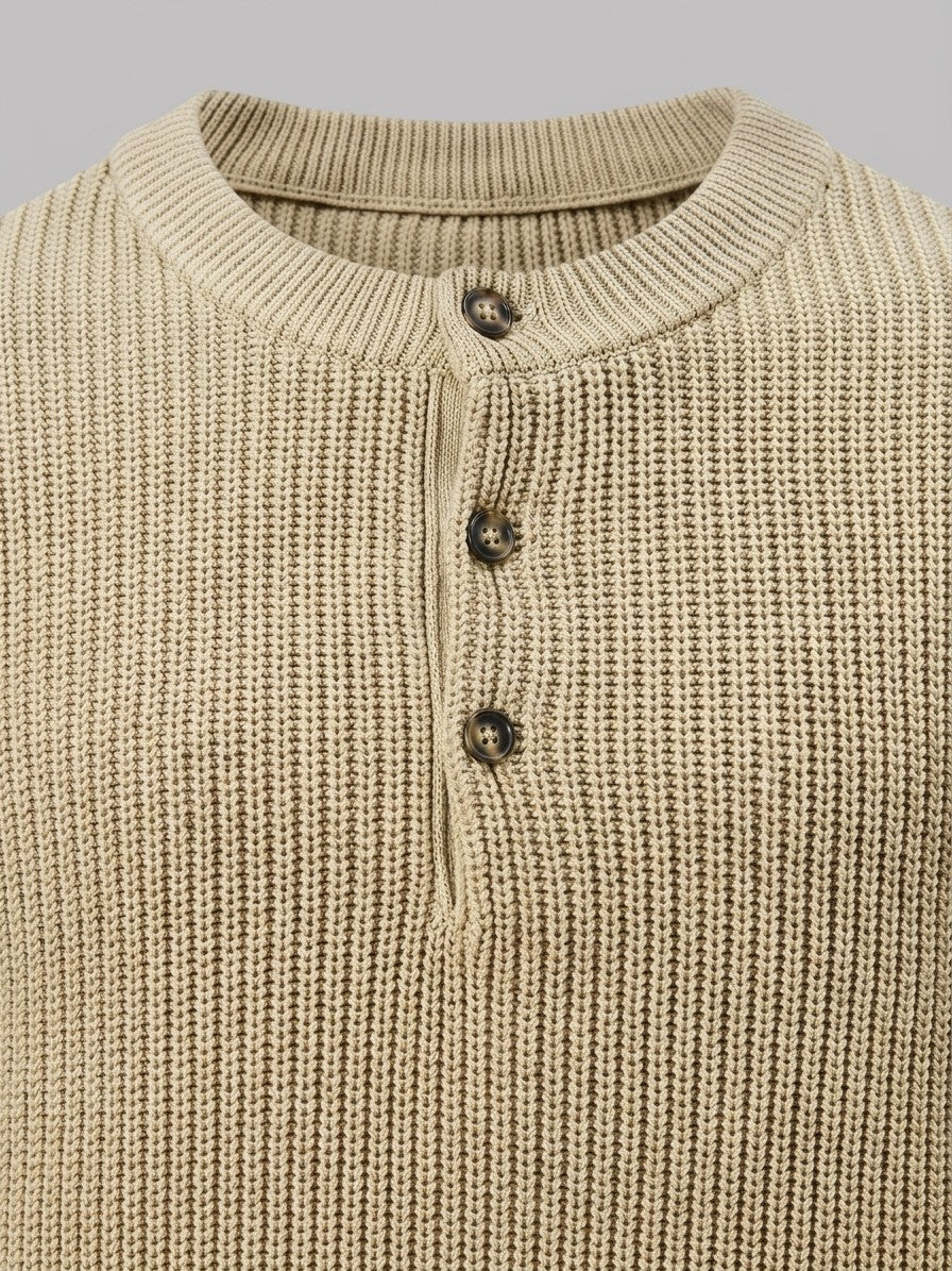 Cortona Men's Cotton Ribbed Sweater — khaki — detail-collar