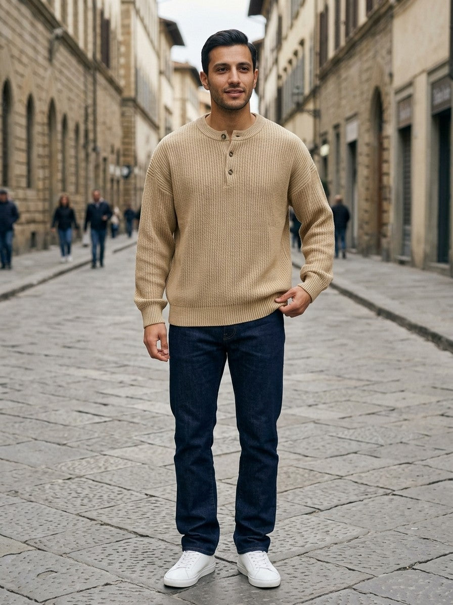 Cortona Men's Cotton Ribbed Sweater — khaki — lifestyle