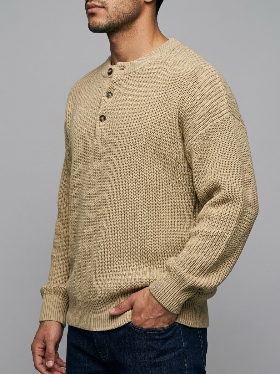 Cortona Men's Cotton Ribbed Sweater — khaki — side