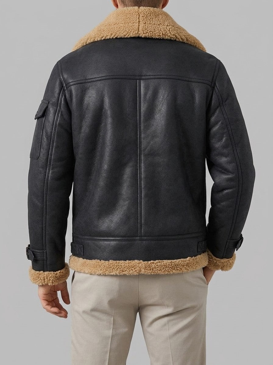 Cosenza Men's Sleeve-Pocket Shearling Aviator Jacket — black — back