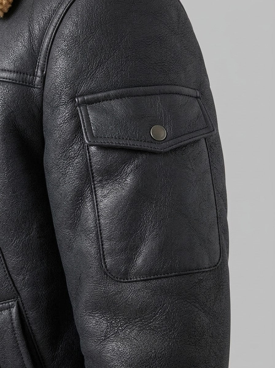 Cosenza Men's Sleeve-Pocket Shearling Aviator Jacket — black — detail-2