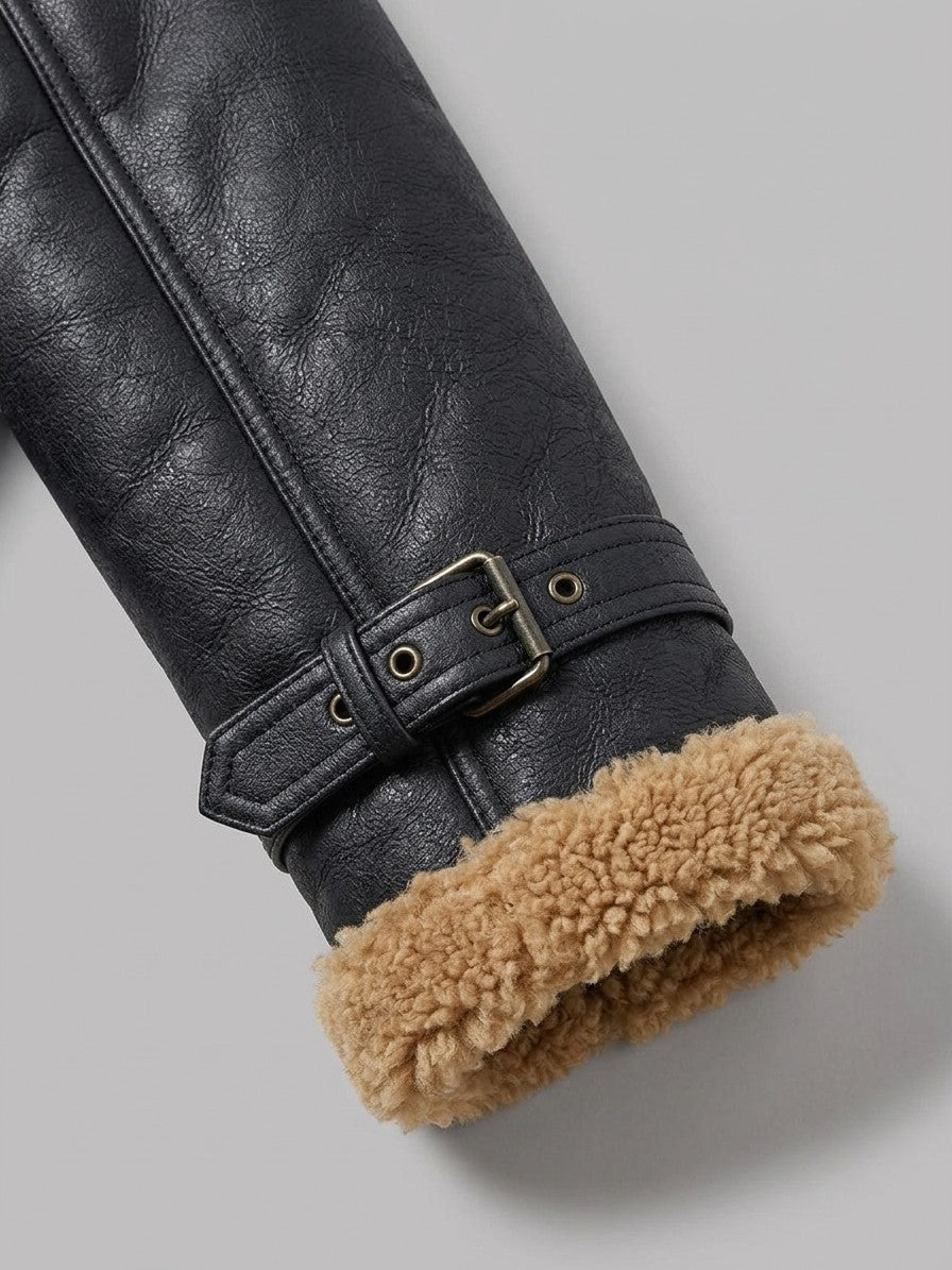 Cosenza Men's Sleeve-Pocket Shearling Aviator Jacket — black — detail-collar