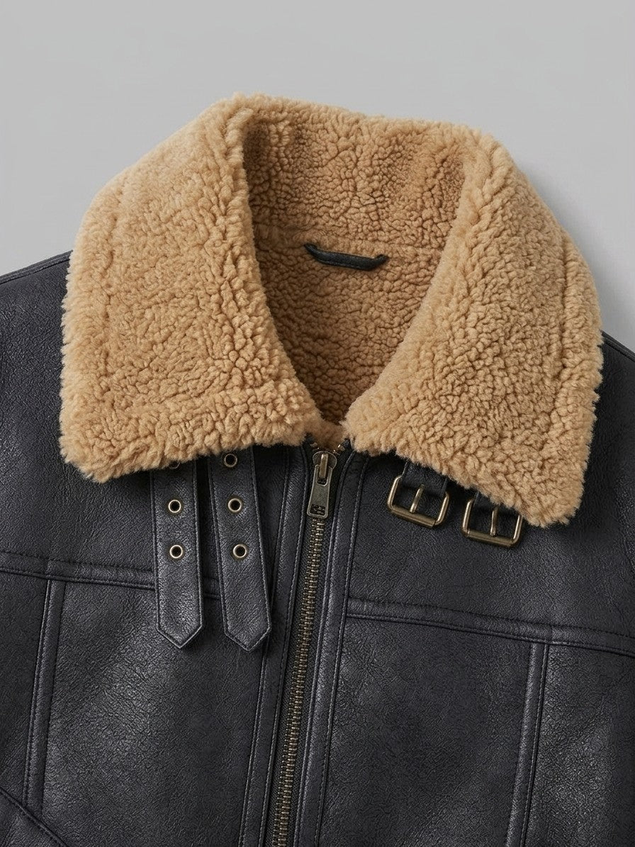 Cosenza Men's Sleeve-Pocket Shearling Aviator Jacket — black — detail