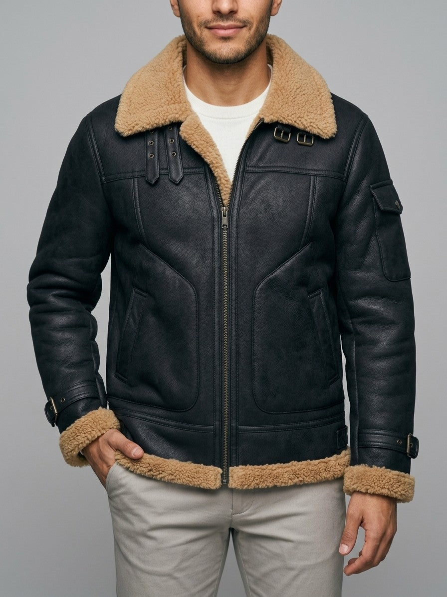 Cosenza Men's Sleeve-Pocket Shearling Aviator Jacket — black — front