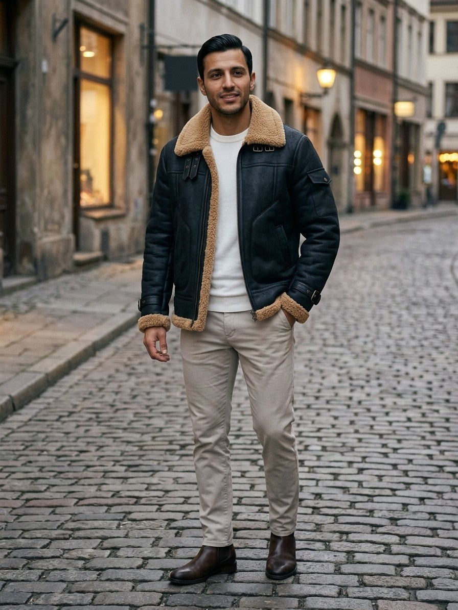 Cosenza Men's Sleeve-Pocket Shearling Aviator Jacket — black — lifestyle