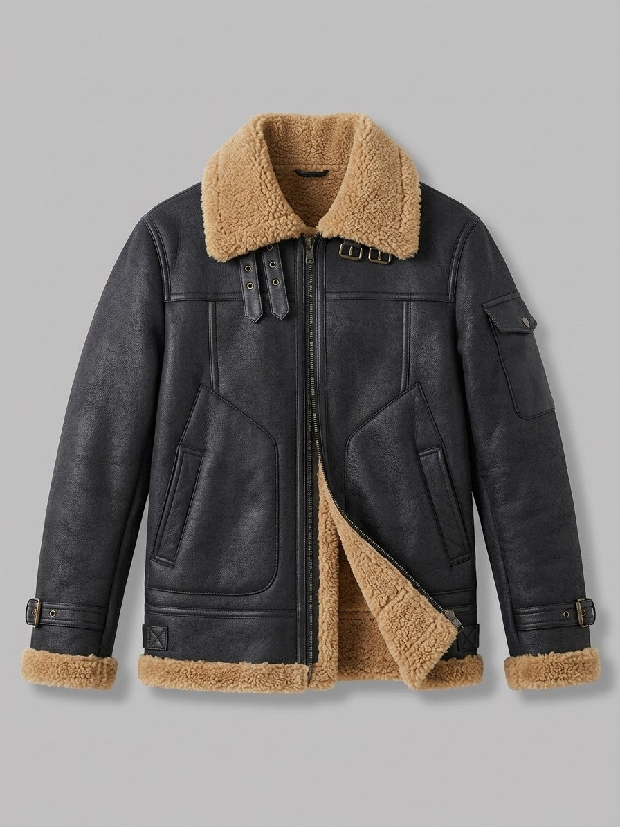 Cosenza Men's Sleeve-Pocket Shearling Aviator Jacket — black — packshot